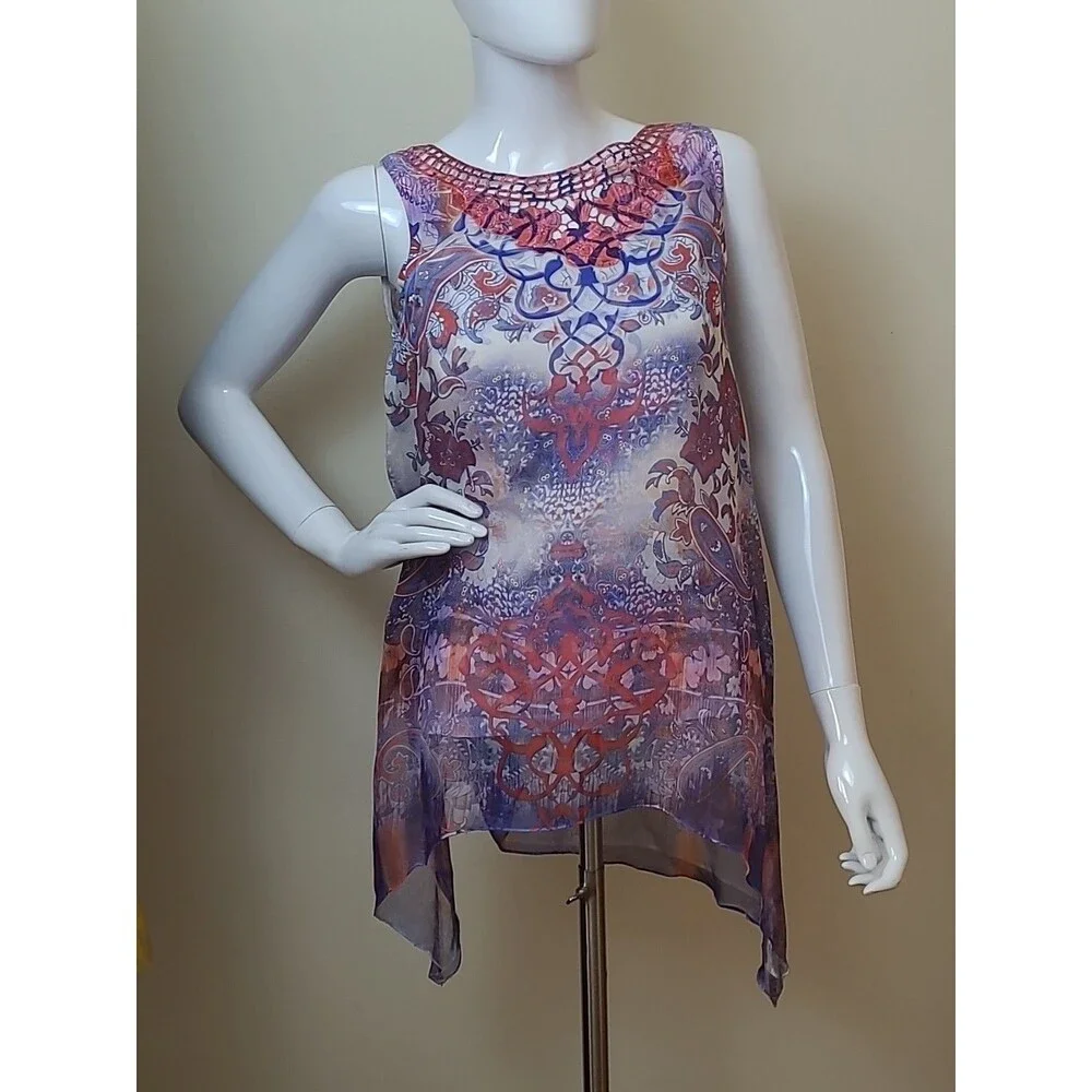 ONE WORLD Floral Paisly Top Size Small Sleeveless Lace Crochet Orange Blue - Picture 1 of 8